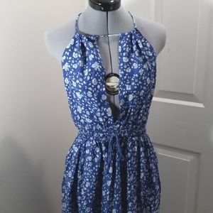 NWT BoHo Me Size XS Backless Summer Dress/Blue/White Halter Front with Tie